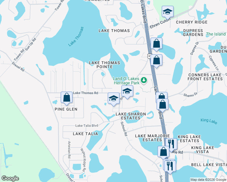 map of restaurants, bars, coffee shops, grocery stores, and more near 21206 Ski Way in Land O' Lakes