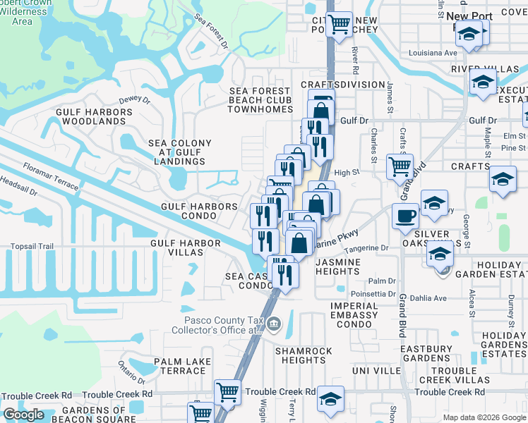 map of restaurants, bars, coffee shops, grocery stores, and more near 5154 Turquoise Lane in New Port Richey