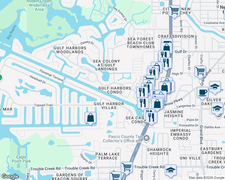 map of restaurants, bars, coffee shops, grocery stores, and more near 4715 Jasper Drive in New Port Richey