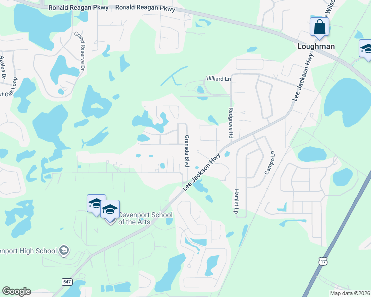 map of restaurants, bars, coffee shops, grocery stores, and more near 263 Granada Boulevard in Davenport
