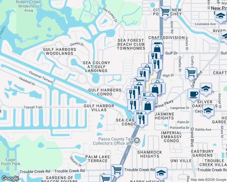 map of restaurants, bars, coffee shops, grocery stores, and more near 4826 Marine Parkway in New Port Richey