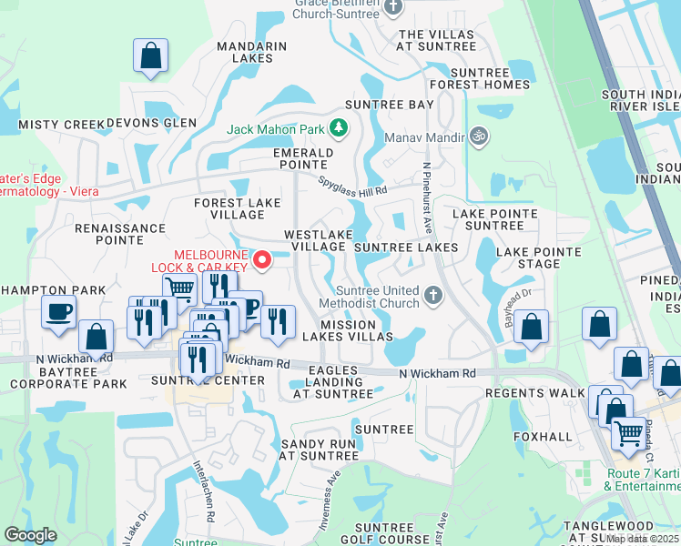 map of restaurants, bars, coffee shops, grocery stores, and more near 521 Carmel Drive in Melbourne