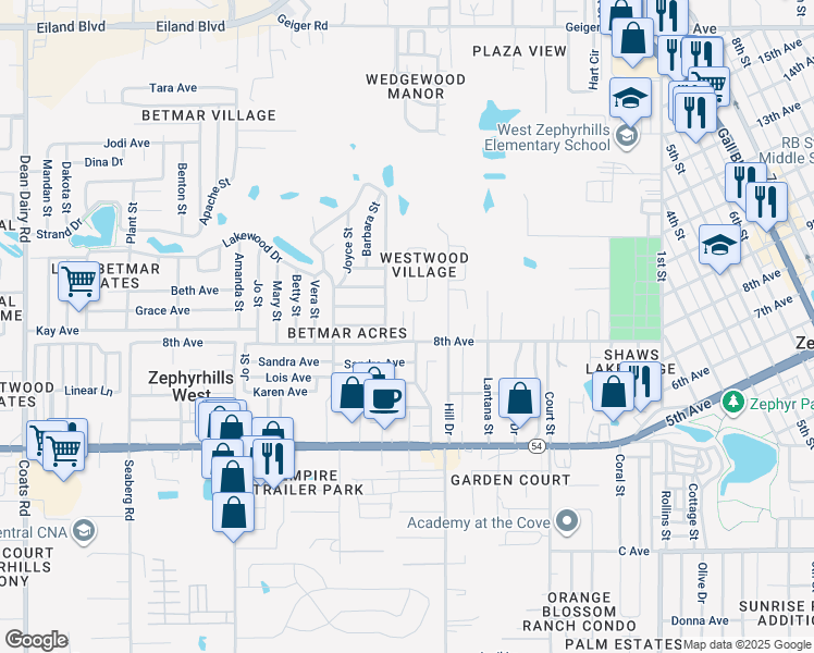 map of restaurants, bars, coffee shops, grocery stores, and more near 5301 Portland Drive in Zephyrhills