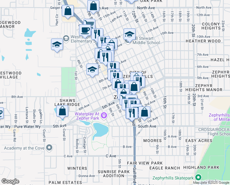 map of restaurants, bars, coffee shops, grocery stores, and more near 5230 6th Street in Zephyrhills