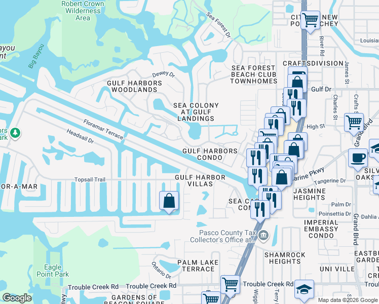 map of restaurants, bars, coffee shops, grocery stores, and more near 4660 Marine Parkway in New Port Richey