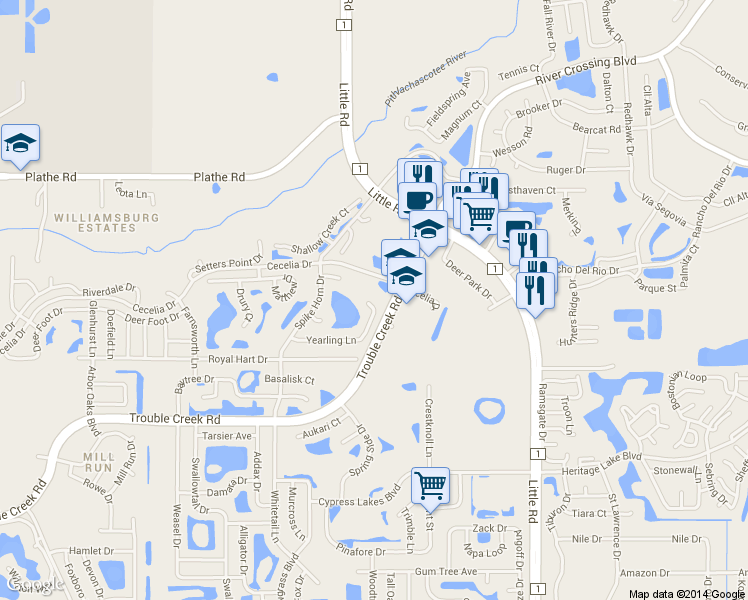 map of restaurants, bars, coffee shops, grocery stores, and more near 8558 Yearling Lane in New Port Richey
