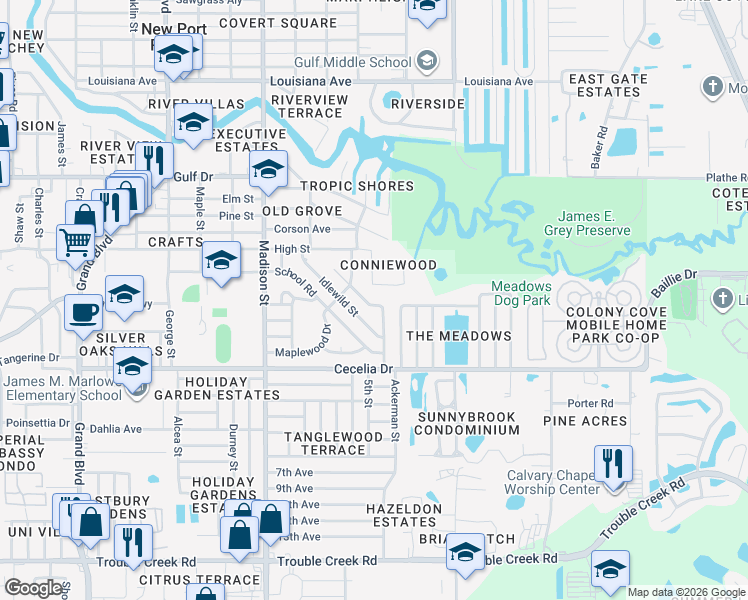 map of restaurants, bars, coffee shops, grocery stores, and more near 5152 Greenwood Street in New Port Richey