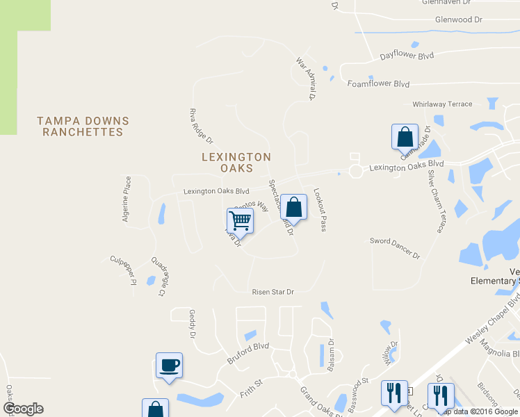 map of restaurants, bars, coffee shops, grocery stores, and more near 25746 Santos Way in Zephyrhills