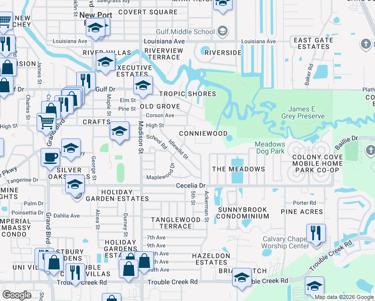 map of restaurants, bars, coffee shops, grocery stores, and more near 5203 Greenwood Street in New Port Richey