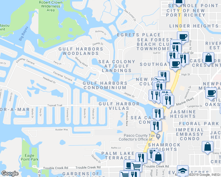 map of restaurants, bars, coffee shops, grocery stores, and more near 4632 Marine Parkway in New Port Richey