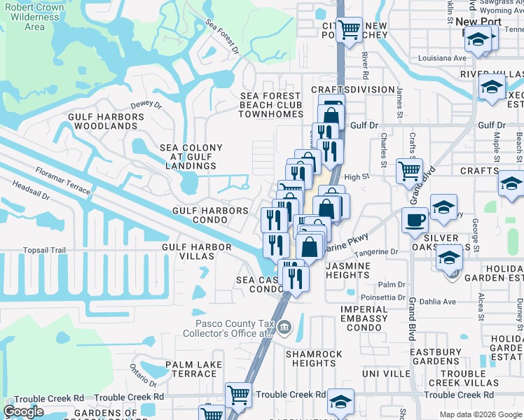 map of restaurants, bars, coffee shops, grocery stores, and more near 5154 Turquoise Lane in New Port Richey
