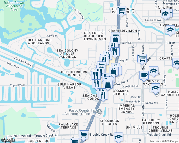 map of restaurants, bars, coffee shops, grocery stores, and more near 5154 Turquoise Lane in New Port Richey