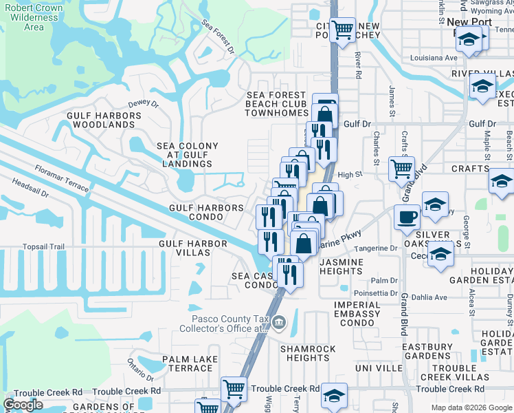 map of restaurants, bars, coffee shops, grocery stores, and more near 5154 Turquoise Lane in New Port Richey