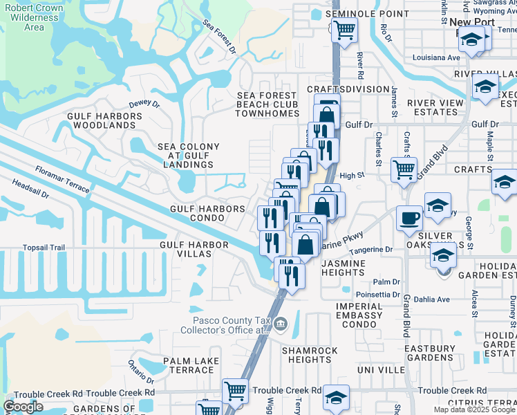map of restaurants, bars, coffee shops, grocery stores, and more near 5154 Turquoise Lane in New Port Richey