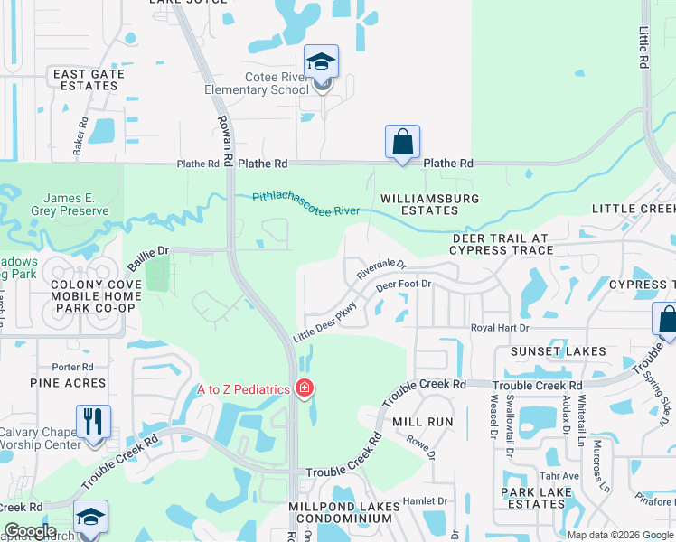 map of restaurants, bars, coffee shops, grocery stores, and more near 5161 Doe Eyed Court in New Port Richey