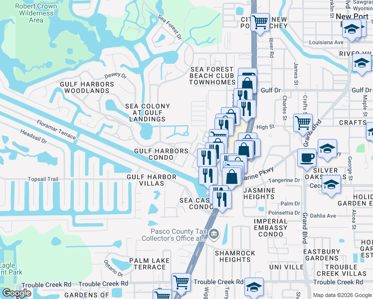 map of restaurants, bars, coffee shops, grocery stores, and more near 4832 Onyx Lane in New Port Richey