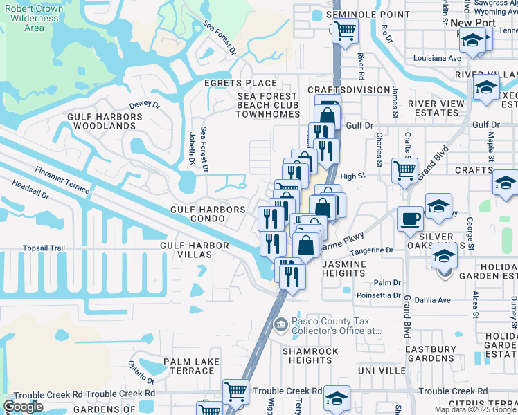 map of restaurants, bars, coffee shops, grocery stores, and more near 5154 Turquoise Lane in New Port Richey