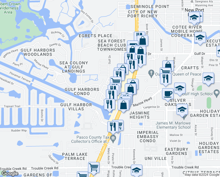 map of restaurants, bars, coffee shops, grocery stores, and more near 5016 Allner Street in Port Richey