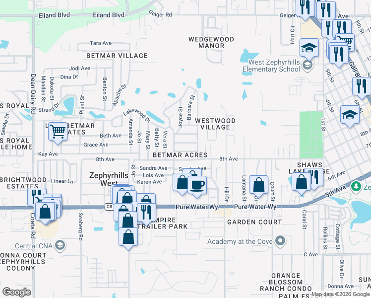 map of restaurants, bars, coffee shops, grocery stores, and more near 37247 Cora Avenue in Zephyrhills