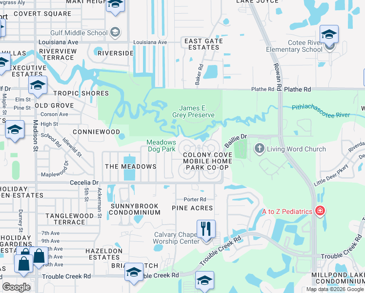 map of restaurants, bars, coffee shops, grocery stores, and more near 5144 Pigeon Plum Circle in New Port Richey