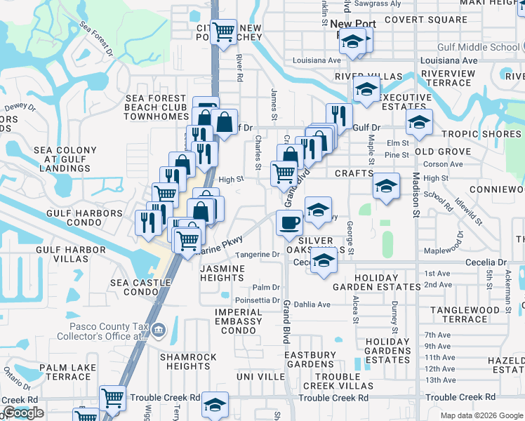 map of restaurants, bars, coffee shops, grocery stores, and more near 5242 Hemlock Drive in New Port Richey