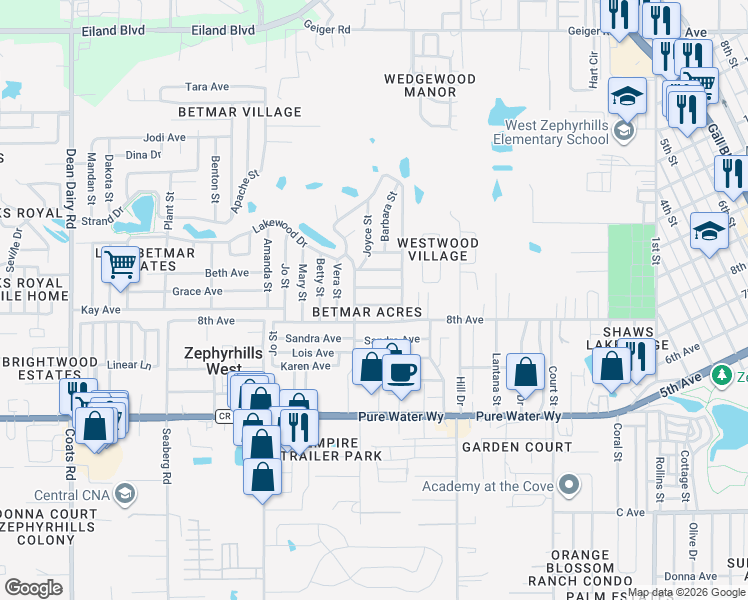 map of restaurants, bars, coffee shops, grocery stores, and more near 37247 Cora Avenue in Zephyrhills