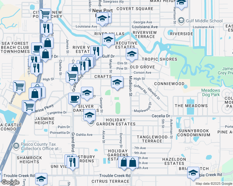 map of restaurants, bars, coffee shops, grocery stores, and more near 5355 School Road in New Port Richey