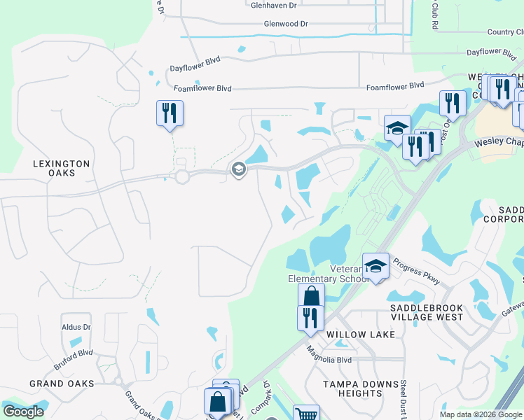 map of restaurants, bars, coffee shops, grocery stores, and more near 5324 Silver Charm Terrace in Zephyrhills