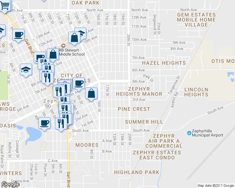 map of restaurants, bars, coffee shops, grocery stores, and more near 5300 18th Street in Zephyrhills