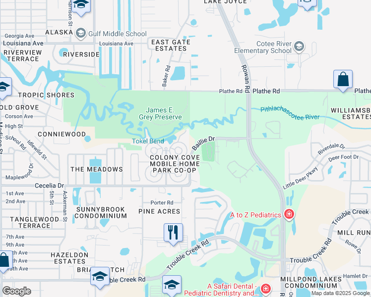 map of restaurants, bars, coffee shops, grocery stores, and more near 5238 Poinciana Circle in New Port Richey