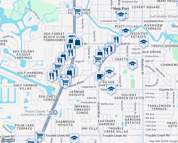 map of restaurants, bars, coffee shops, grocery stores, and more near 5242 Hemlock Drive in New Port Richey