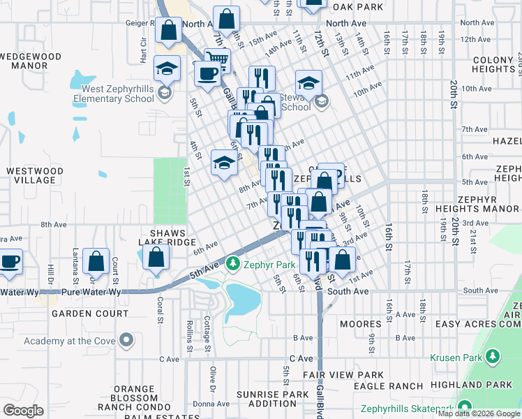 map of restaurants, bars, coffee shops, grocery stores, and more near 5247 6th Street in Zephyrhills