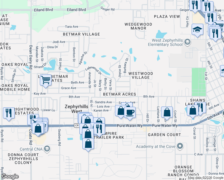 map of restaurants, bars, coffee shops, grocery stores, and more near 5300 Vera Street in Zephyrhills