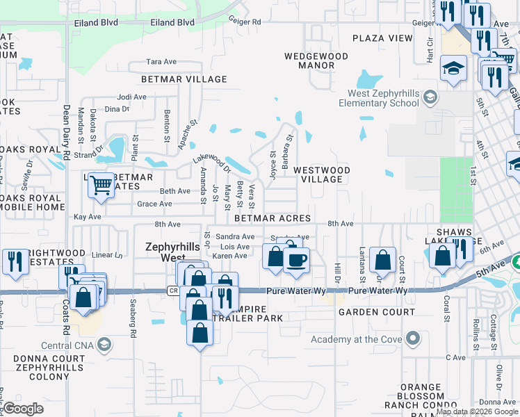 map of restaurants, bars, coffee shops, grocery stores, and more near 5300 Vera Street in Zephyrhills