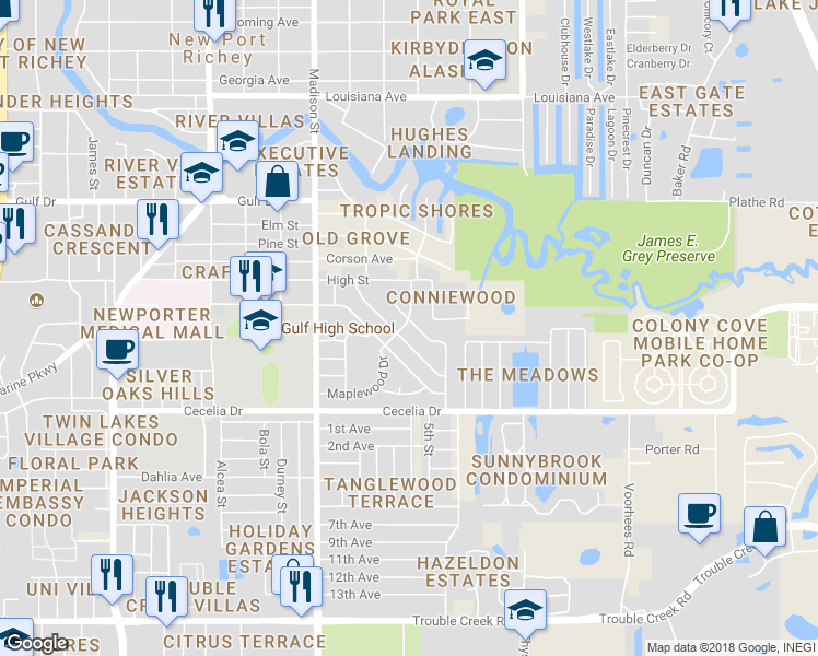 map of restaurants, bars, coffee shops, grocery stores, and more near 5203 Greenwood Street in New Port Richey
