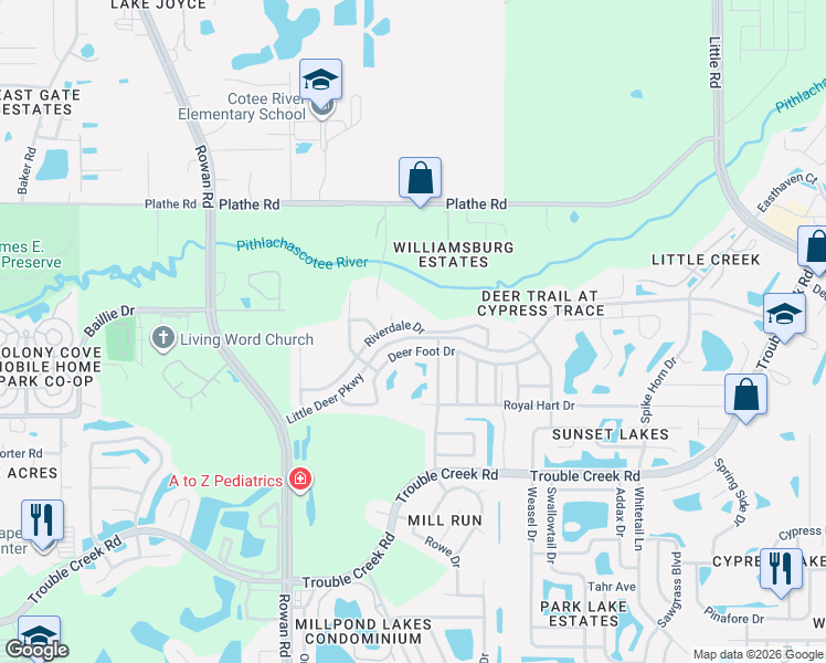 map of restaurants, bars, coffee shops, grocery stores, and more near 7750 Riverdale Drive in New Port Richey
