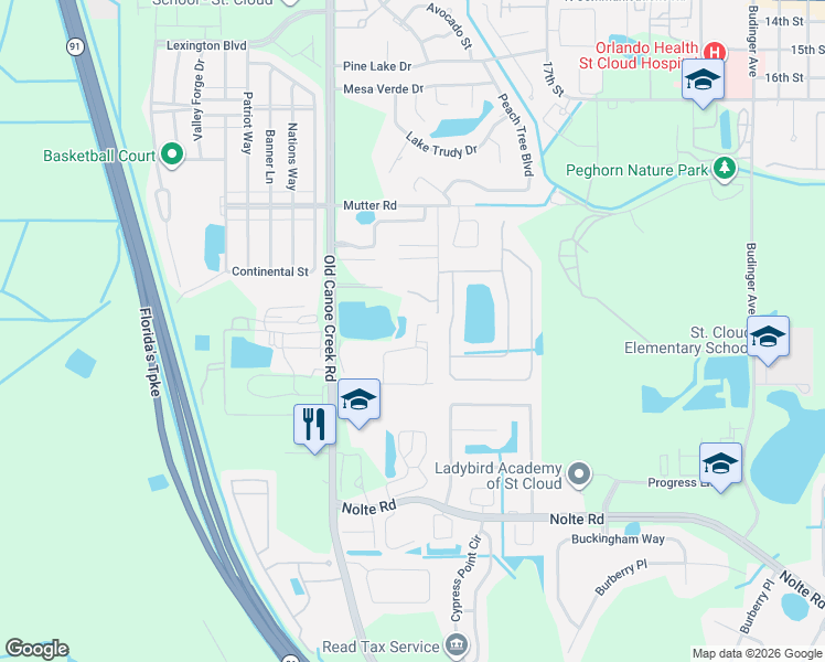 map of restaurants, bars, coffee shops, grocery stores, and more near 2432 King Oak Court in St. Cloud