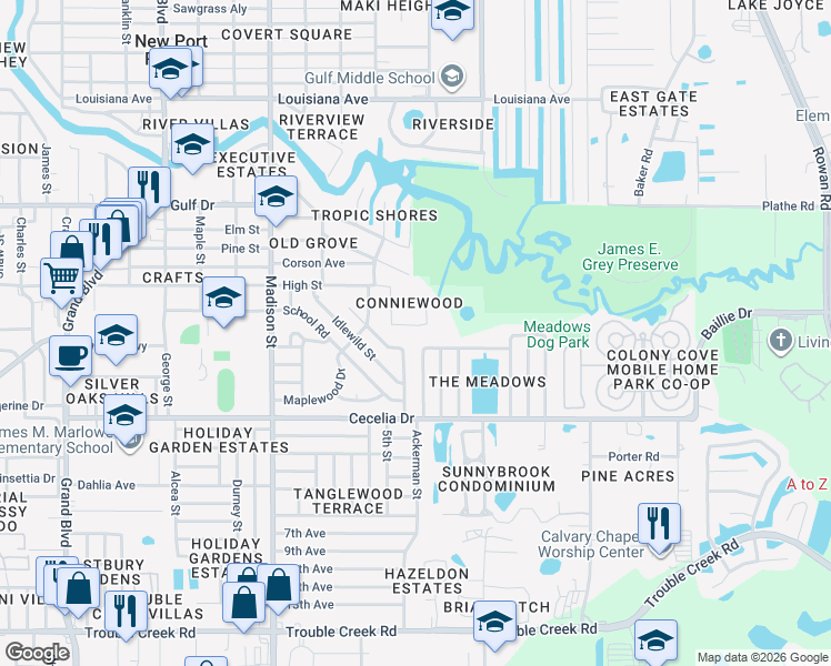 map of restaurants, bars, coffee shops, grocery stores, and more near 6355 Conniewood Square in New Port Richey