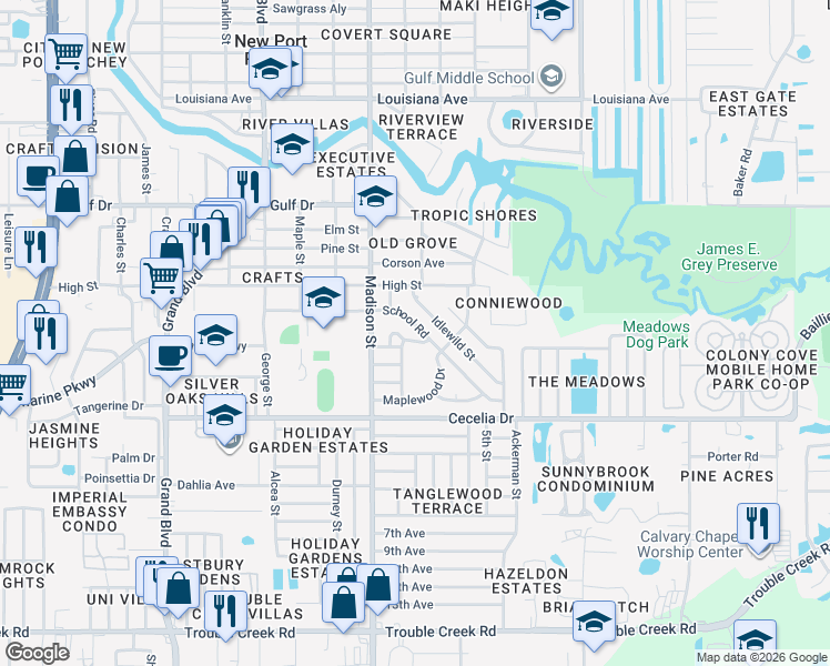 map of restaurants, bars, coffee shops, grocery stores, and more near 5170 School Road in New Port Richey
