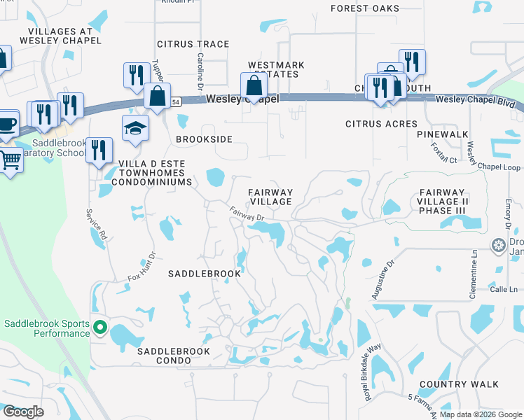map of restaurants, bars, coffee shops, grocery stores, and more near 5331 Cobblestone Court in Wesley Chapel
