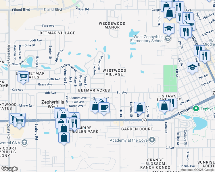 map of restaurants, bars, coffee shops, grocery stores, and more near 5301 Portland Drive in Zephyrhills