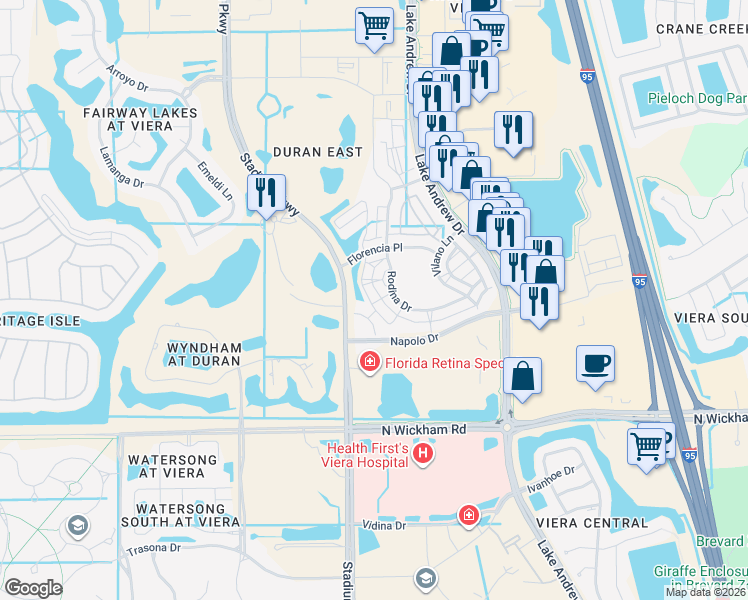 map of restaurants, bars, coffee shops, grocery stores, and more near 7153 Vista Hermosa Drive in Melbourne
