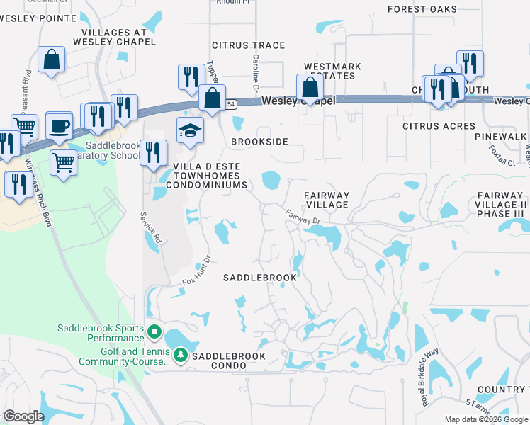 map of restaurants, bars, coffee shops, grocery stores, and more near 29459 Holly Court in Wesley Chapel