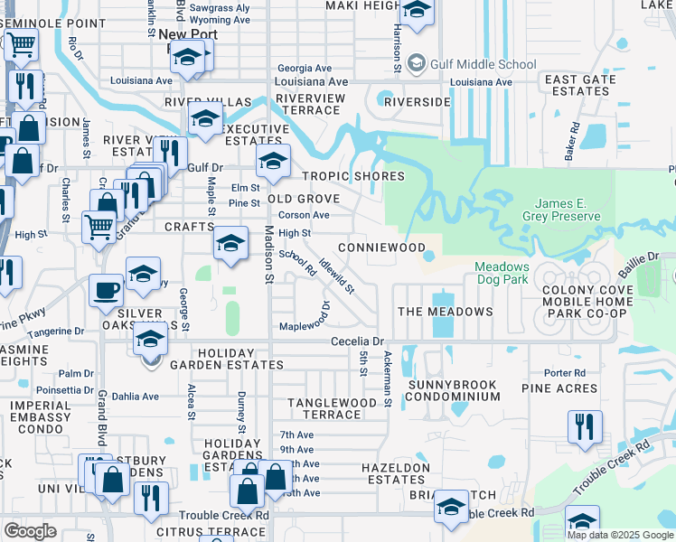 map of restaurants, bars, coffee shops, grocery stores, and more near 5203 Greenwood Street in New Port Richey