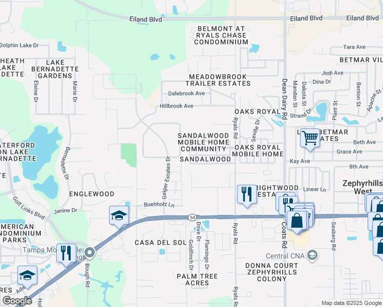map of restaurants, bars, coffee shops, grocery stores, and more near 5310 Ixora Street in Zephyrhills
