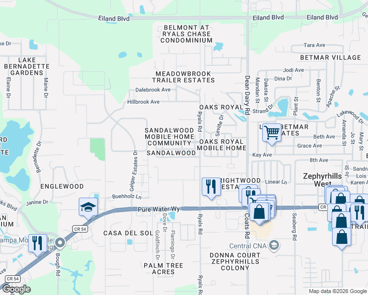 map of restaurants, bars, coffee shops, grocery stores, and more near 36111 Zinnia Avenue in Zephyrhills