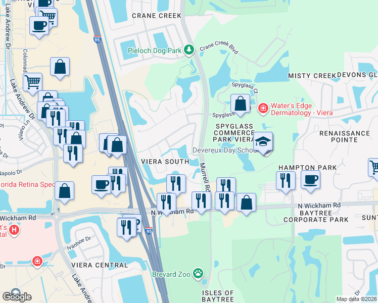 map of restaurants, bars, coffee shops, grocery stores, and more near 7039 Hammock Trace Drive in Melbourne