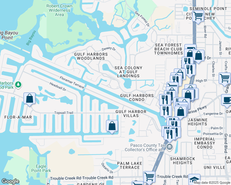 map of restaurants, bars, coffee shops, grocery stores, and more near 4632 Marine Parkway in New Port Richey