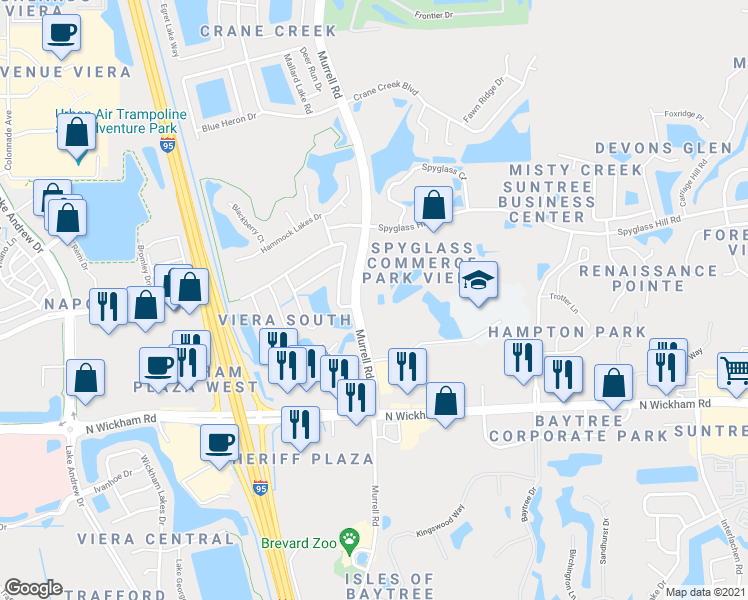 map of restaurants, bars, coffee shops, grocery stores, and more near 7225 Murrell Road in Melbourne