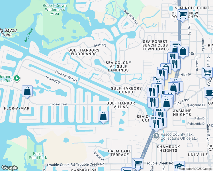 map of restaurants, bars, coffee shops, grocery stores, and more near 4632 Marine Parkway in New Port Richey